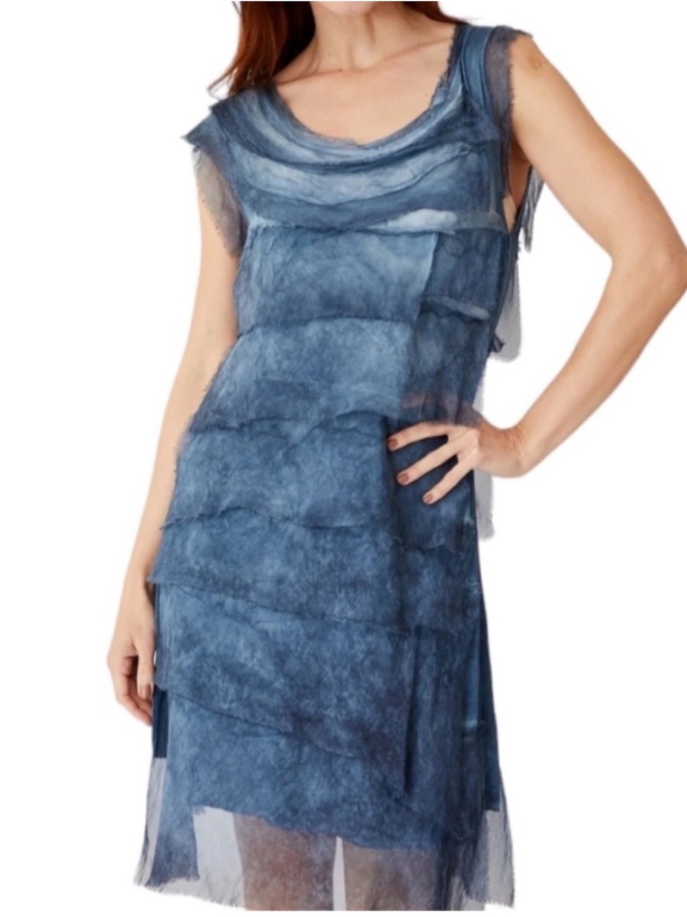 Tempo Paris 100% Italian Silk Ombre Denim Blue Dress - Size M - Tiered Layers